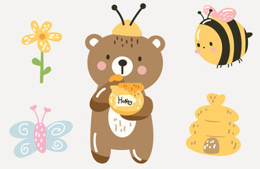 Set of bee bear and Honey Cartoon. Character design banner cute vector illustration
