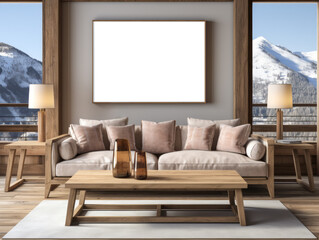 Mountain retreat living room with beige sofa and panoramic views. Alpine interior design mockup. Generative AI
