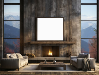Sleek living room with concrete details and panoramic mountain scenery. Generative AI