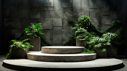 3D rendering. Concrete podium for product demonstration with green plant.  Generative AI