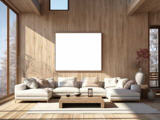 Modern wooden living room with large blank canvas and panoramic windows. Nature-inspired design. Generative AI