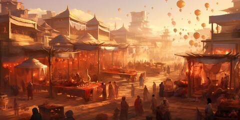 Ancient Tales , Market Day in the Chinese Desert City - Traditional Illustration