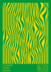Fototapeta premium Geometrical Poster Design with Optical Illusion Effect. Modern Psychedelic Cover Page Collection. Colourful Wave Lines Background. Fluid Stripes Art. Swiss Design. Vector Illustration for Brochure.