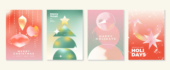 Merry christmas concept poster set. Cute gradient holographic background vector with vibrant color, christmas tree, snowflake, holly. Art trendy wallpaper design for social media, card, banner, flyer.