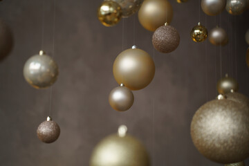 Winter New Year decorations with gold and silver balls