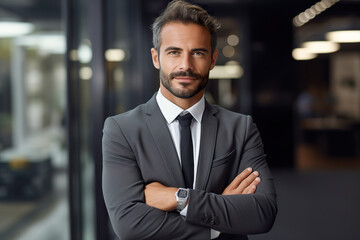 Fototapeta premium Smiling confident businessman standing in modern office building, looking at camera, arms crossed on the chest
