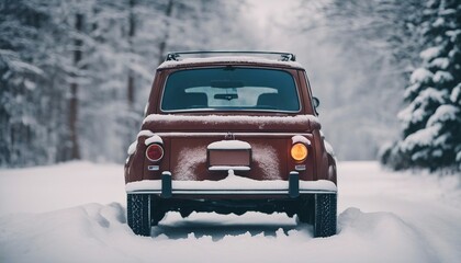 Retro car in winter forest. Retro car in the snow.