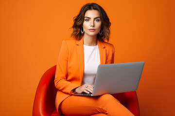 Beautiful business woman wearing orange business suit with a laptop at armchair, isolated on orange background