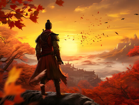 Ancient Chinese Warrior in Autumn Sunrise Scene AI Artwork