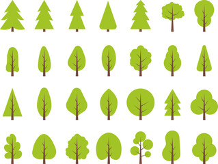 Christmas trees, pines, spruces, conifers and deciduous trees Flat trees set. Flat forest tree nature plant isolated vector illustration.