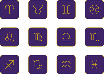 Zodiac signs black icons set vector. Isolated Astrology signs horoscope zodiac symbols : Aries, Taurus, Gemini, Cancer, Leo, Virgo, Libra, Scorpius, Sagittarius, Capricornus, Aquarius, Pisces. Vector.