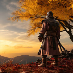 Ancient Chinese Warrior in Autumn Sunrise Scene AI Artwork