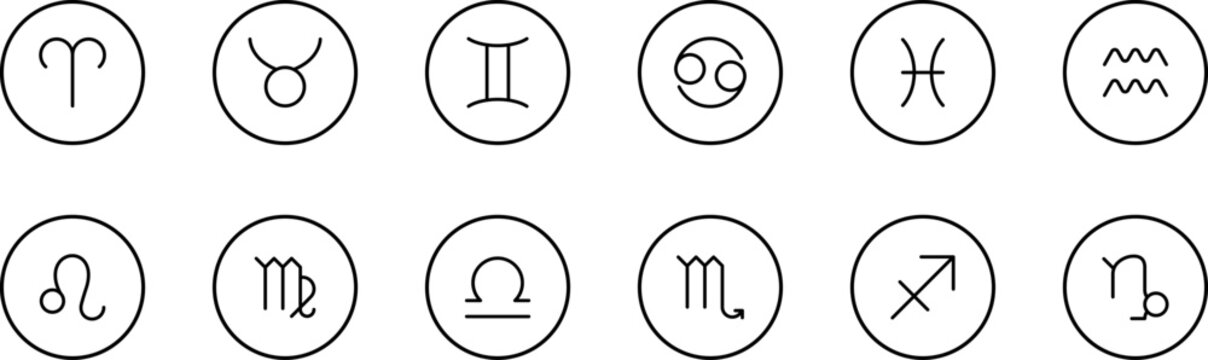 Zodiac signs black icons set vector. Isolated Astrology signs horoscope zodiac symbols : Aries, Taurus, Gemini, Cancer, Leo, Virgo, Libra, Scorpius, Sagittarius, Capricornus, Aquarius, Pisces. Vector.