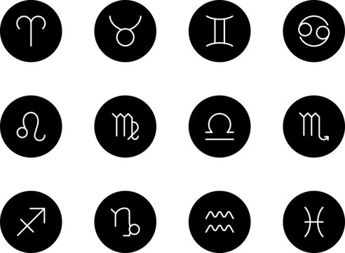 Zodiac signs black icons set vector. Isolated Astrology signs horoscope zodiac symbols : Aries, Taurus, Gemini, Cancer, Leo, Virgo, Libra, Scorpius, Sagittarius, Capricornus, Aquarius, Pisces. Vector.