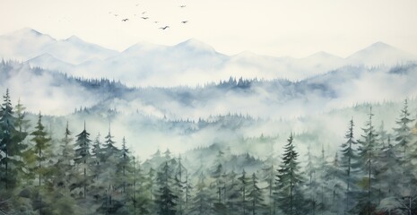 Foggy landscape with spruce forest