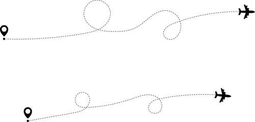 Airplane routes. Travel vector icon. Travel from start point and dotted line tracing.