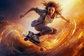 Obraz premium Teenage girl performing tricks and acrobatics on a skate board with fire and sparks trailing behind