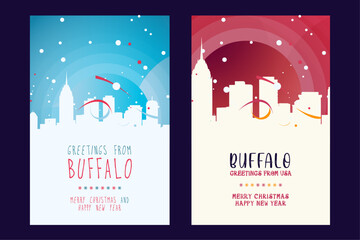 Buffalo city poster with Christmas skyline, cityscape, landmarks. Winter USA holiday, New Year vertical vector layout for New York state brochure, website, flyer, leaflet, card