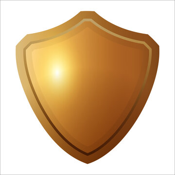 gold shiled vector. Shields with reflection in shiny. Vector gold shields icons isolated. Realistic isolated golden armory. Blank gold metal shield 