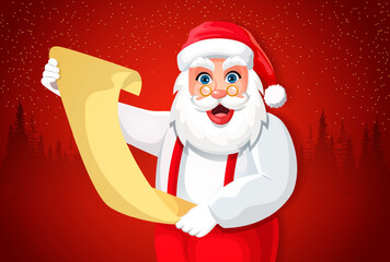 Happy Santa Claus reading wish list letters from children on the occasion of Christmas. Santa Claus looking at the camera and smiling, on a red background