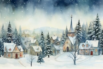 Fototapeta premium Winter village watercolor painting illustration made by generative ai