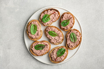 bruschetta with homemade liver pate, view from above 
