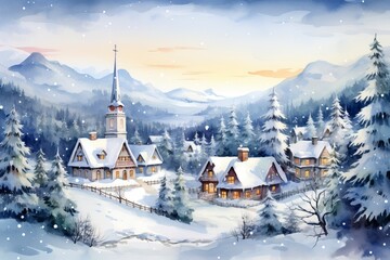 Winter village watercolor painting illustration made by generative ai