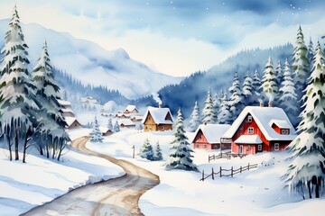 Winter village watercolor painting illustration made by generative ai