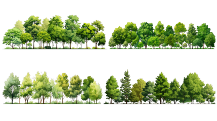 Collection of PNG. Green trees forest and foliage in summer. Row of trees and shrubs isolated on a transparent background.