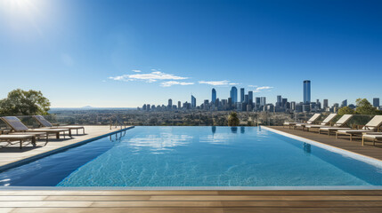 Fototapeta na wymiar Luxurious infinity pool overlooking a cityscape, clear sky background. Urban relaxation. Generative AI