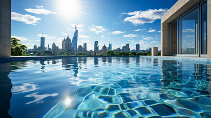 Luxurious infinity pool overlooking a bustling cityscape. Urban relaxation concept. Generative AI