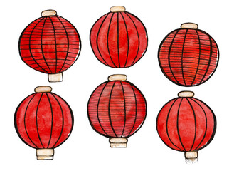 Set of Chinese traditional lanterns. Isolated on white background. Round shape. Red with black outline. Black decorative stripes and golden elements. Stylization. Simple elements. Watercolor drawing.