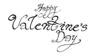Happy Valentine's Day phrase. Isolated on white background. In black color. Italic font. Twisted serifs. Long lines in letters that have lower elements. Rounded letter forms. Lettering, greetings.