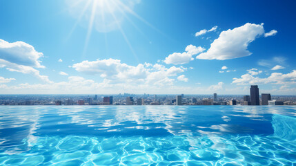 Skyline reflected in the infinity pool under the sunny blue sky. Generative AI