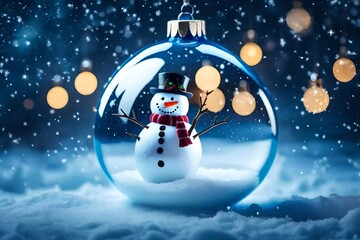 snowman with christmas ball - obrazy, fototapety, plakaty