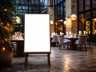 Chic urban restaurant terrace with blank white menu board at dusk. Evening dining concept. Generative AI