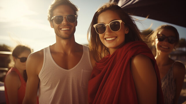 happy couple in sunglasses by beach umbrella, carefree moment, fictional location