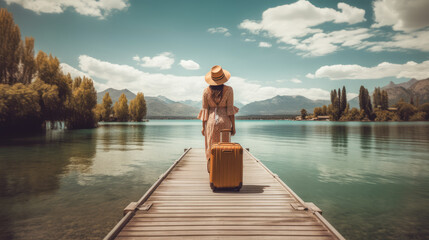 Woman on wooden pier by alpine lake with suitcase, travel dream. Escape concept. Generative AI