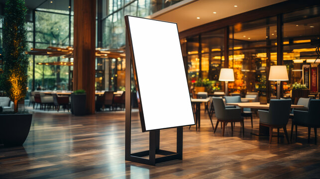 Eco-friendly digital blank signboard in greenhouse cafe setting. Sustainable technology and nature concept. Generative AI