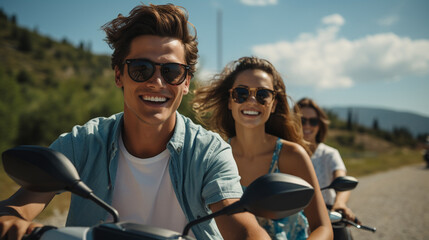 smiling couple with friend, without wearing a helmet, no helmet, vacations, road trip, tropical weather, on motorcycle motorbike scooter, sunglasses, road trip joy