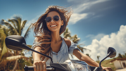 latina latin or hispanic woman on motorcycle, stylish and smiling, sunny day thrill - obrazy, fototapety, plakaty
