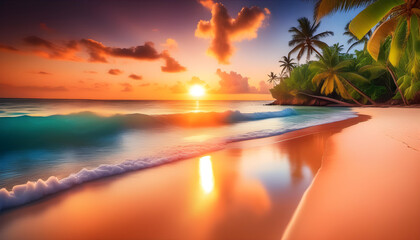 Tropical beach with beautiful sea and beautiful sunset - obrazy, fototapety, plakaty