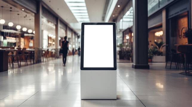 Interactive digital display in a bustling shopping mall corridor. Future commerce concept. Generative AI