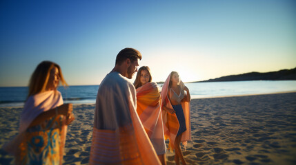 man and two women stroll on beach at sunset, casual joy, fictional location - obrazy, fototapety, plakaty