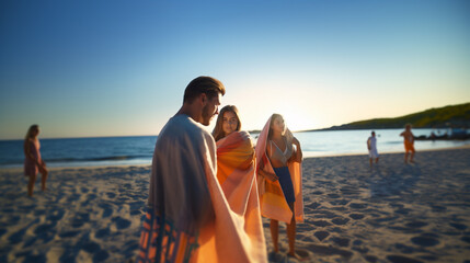 man and women stroll on beach at sunset, casual joy, fictional location