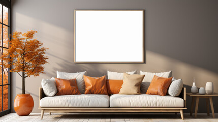 Modern living room with vibrant orange accents and large blank canvas on the wall. Bright, stylish interior. Generative AI
