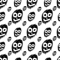 Seamless pattern with funny black monster faces on white background. Hand  drawn vector illustration