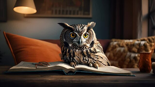 	
owl reading book on sofa. Created with Generative AI.	
