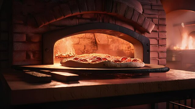 pizza oven with fire. Created with Generative AI.