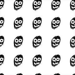 Seamless pattern with funny black monster faces on white background. Hand  drawn vector illustration